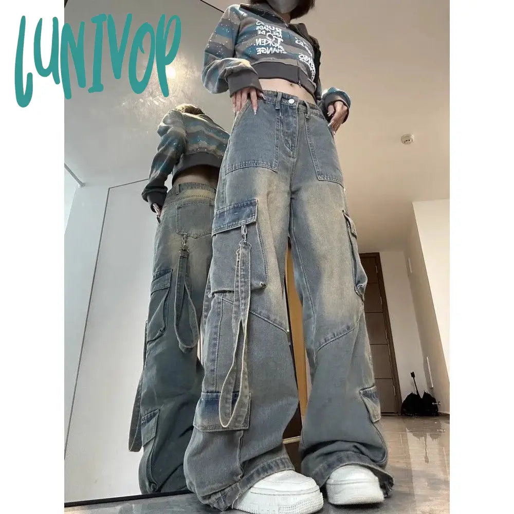 dream clothes American Retro Workwear Jeans Women's Autumn Hot Girl High Street Loose Slimming High Waist Straight Wide Leg Pants