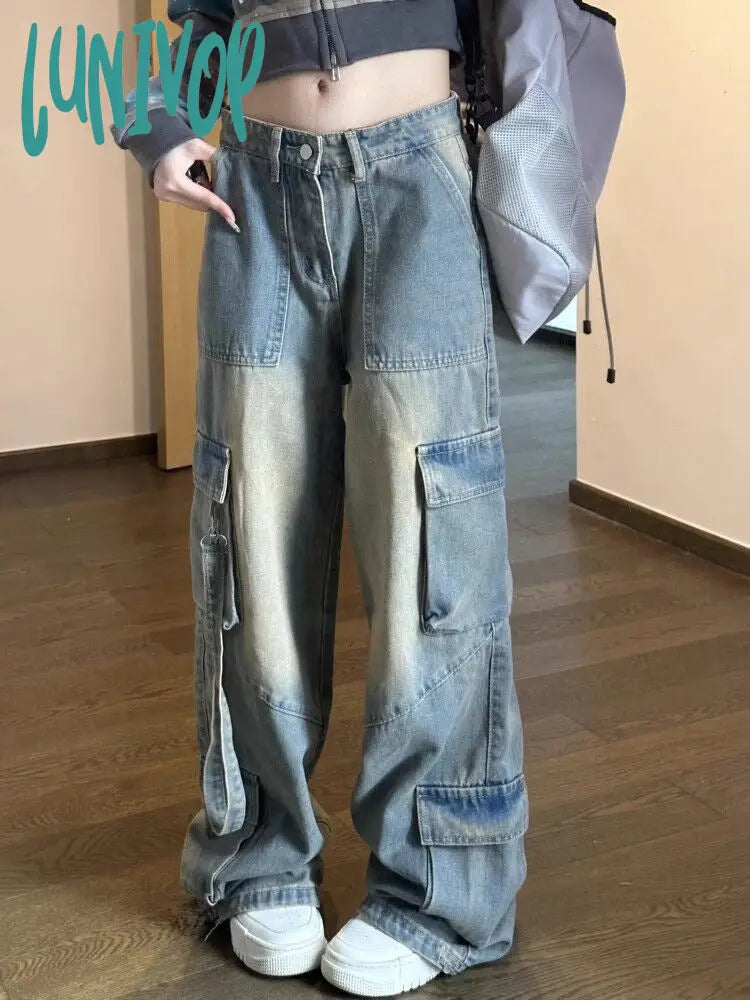 dream clothes American Retro Workwear Jeans Women's Autumn Hot Girl High Street Loose Slimming High Waist Straight Wide Leg Pants