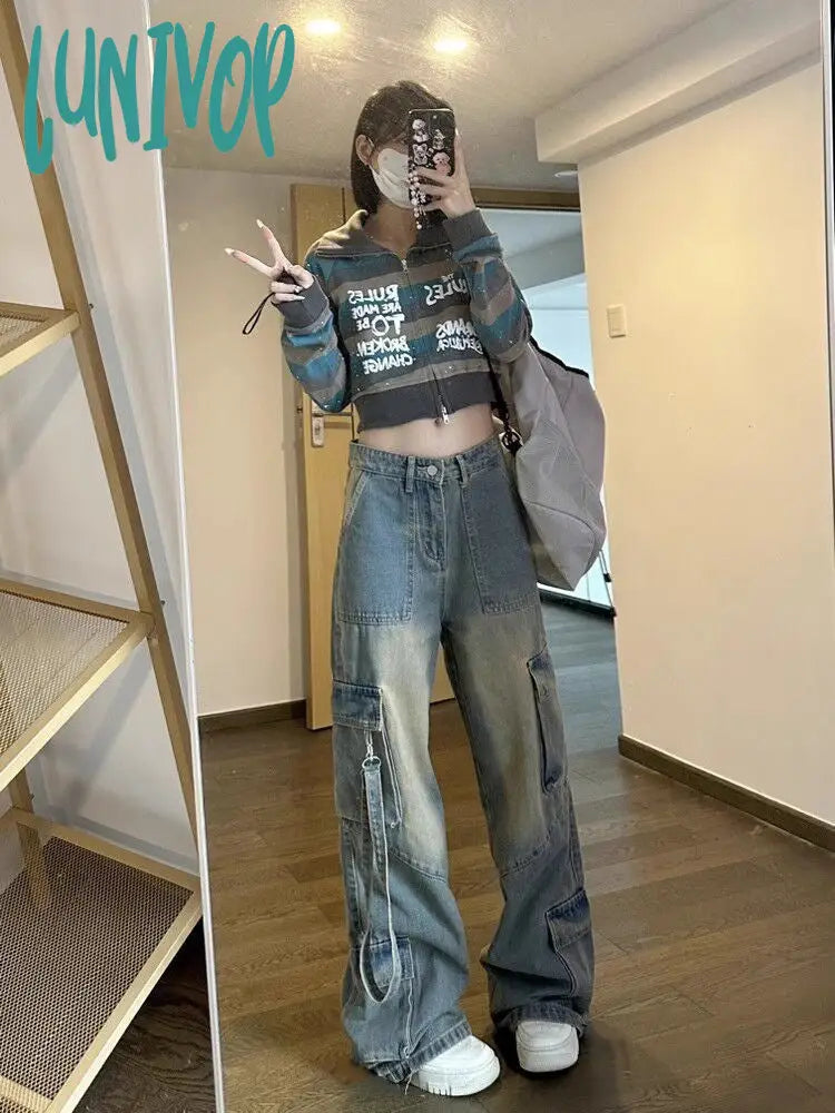 dream clothes American Retro Workwear Jeans Women's Autumn Hot Girl High Street Loose Slimming High Waist Straight Wide Leg Pants