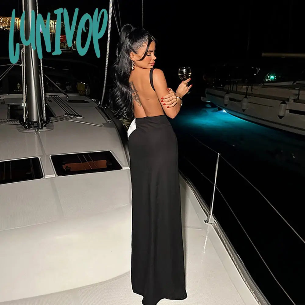 dress to impress divine being 2024 Summer New Personalized Temperament Sleeveless Large Backless Design Hollow Contrast Color Strap High Slit Dress