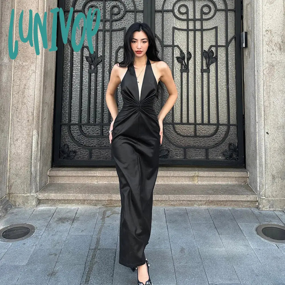 dress to impress outfits PU Leather High-Grade Elegant Halter Dress 2024 New Nightclub Hot Girl Sexy Deep V Backless Sheath Dress