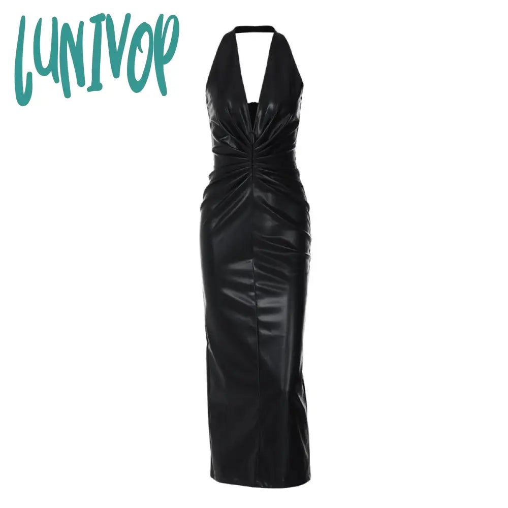 dress to impress outfits PU Leather High-Grade Elegant Halter Dress 2024 New Nightclub Hot Girl Sexy Deep V Backless Sheath Dress