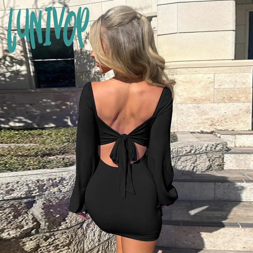 dress to impress outfits Women's New Style Hip Skirt Long Sleeve Lace-up Sexy Backless Dress Basic Solid Color Square Collar Short Skirt Autumn