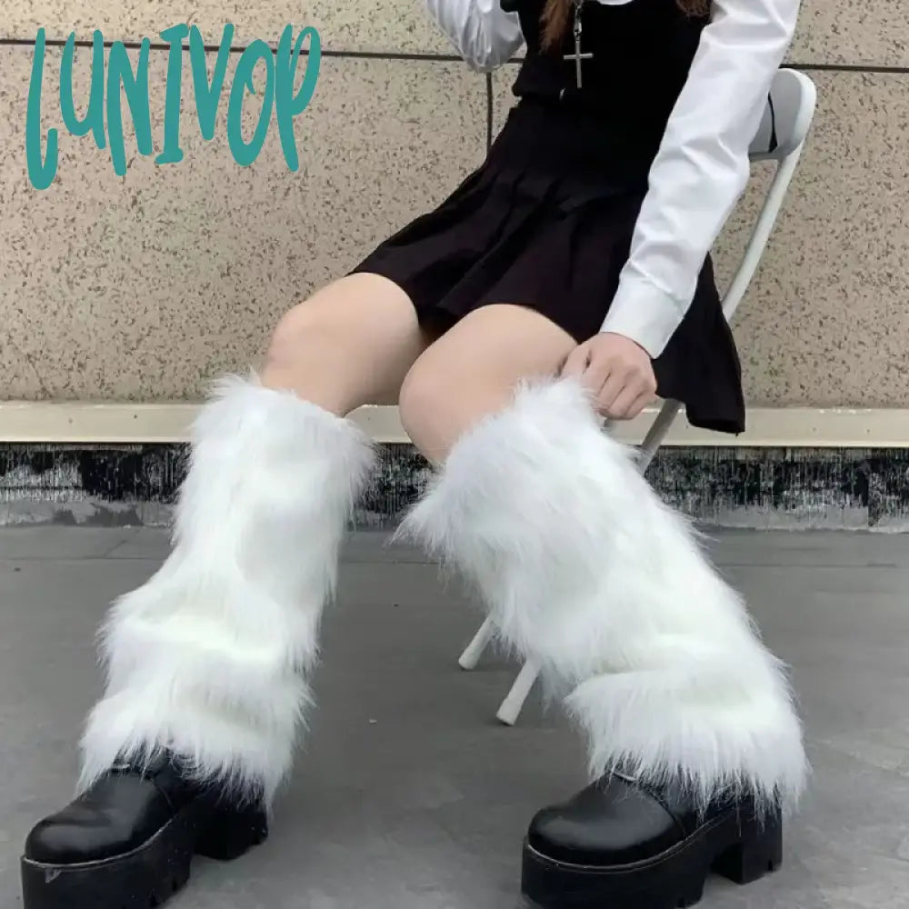 Lunivop E-Girl Furry Leg Warmers Boot Covers Y2K Goth White Faux Fur Punk Jk Knee-Length Hiphop