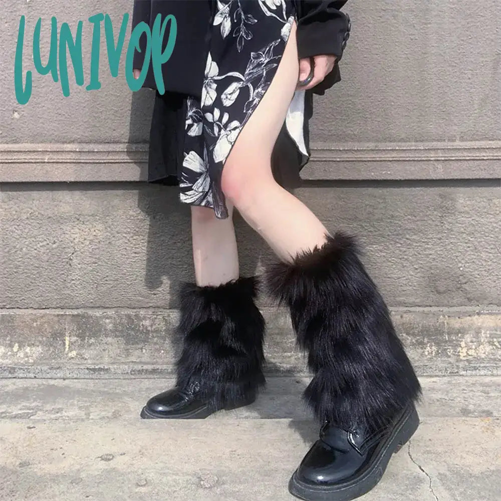 Lunivop E-Girl Furry Leg Warmers Boot Covers Y2K Goth White Faux Fur Punk Jk Knee-Length Hiphop