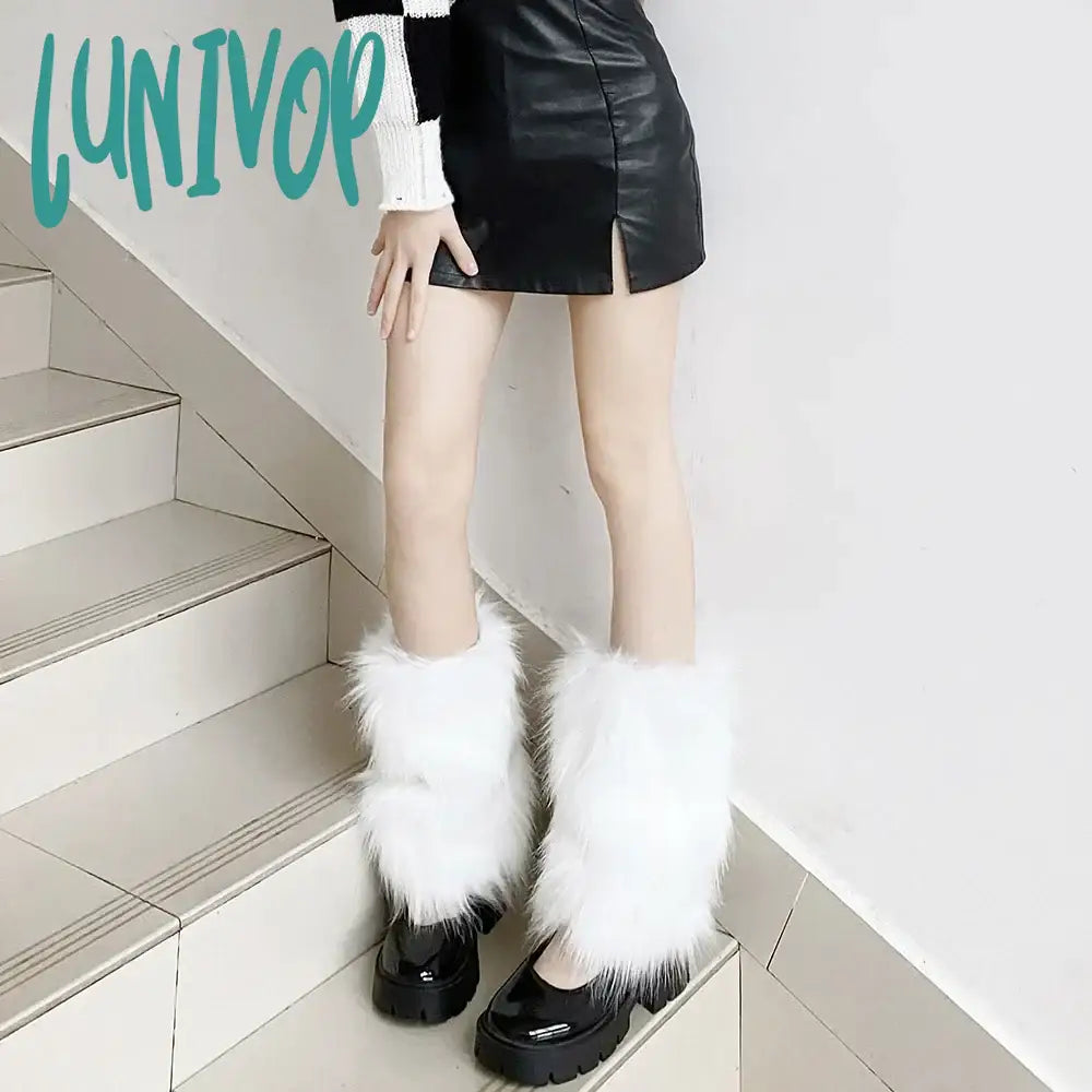 Lunivop E-Girl Furry Leg Warmers Boot Covers Y2K Goth White Faux Fur Punk Jk Knee-Length Hiphop