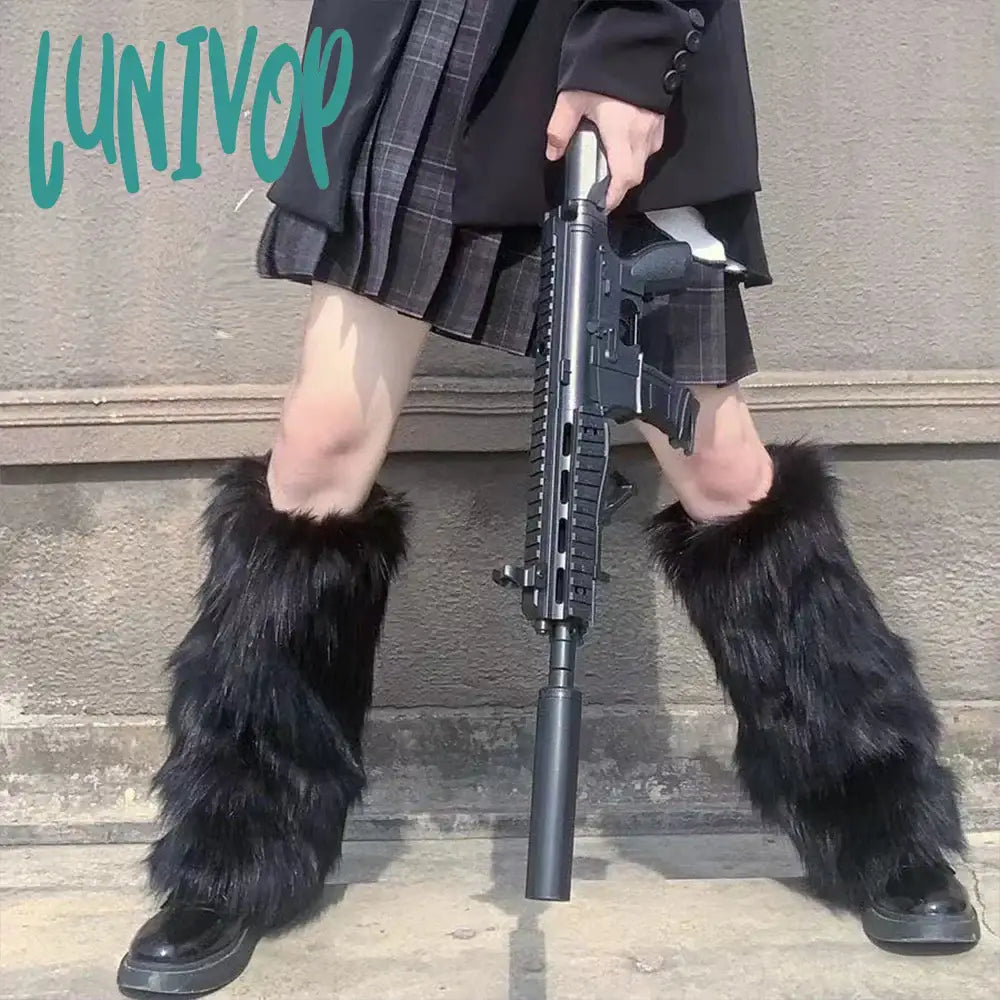 Lunivop E-Girl Furry Leg Warmers Boot Covers Y2K Goth White Faux Fur Punk Jk Knee-Length Hiphop