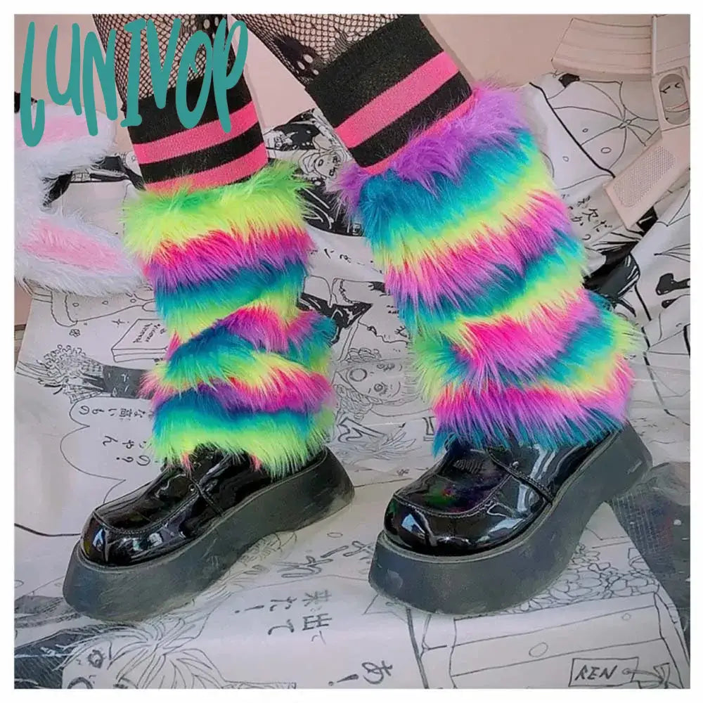 Lunivop E-Girl Furry Leg Warmers Boot Covers Y2K Goth White Faux Fur Punk Jk Knee-Length Hiphop