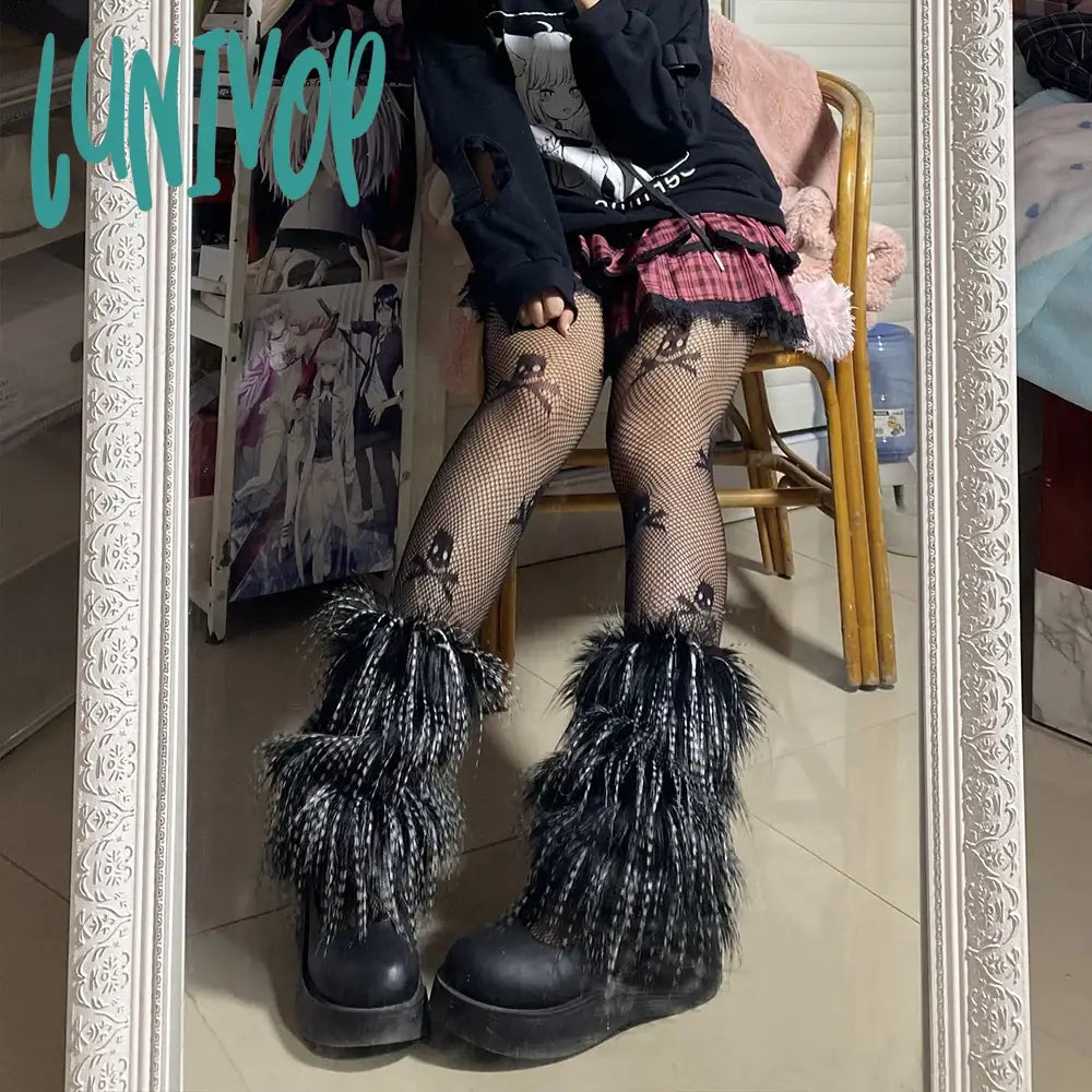 Lunivop E-Girl Furry Leg Warmers Boot Covers Y2K Goth White Faux Fur Punk Jk Knee-Length Hiphop