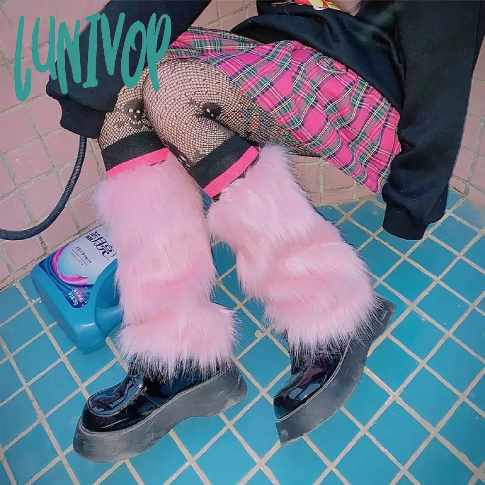 Lunivop E-Girl Furry Leg Warmers Boot Covers Y2K Goth White Faux Fur Punk Jk Knee-Length Hiphop