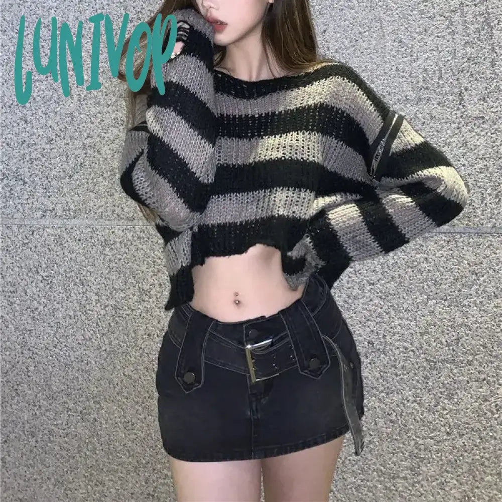 Lunivop E-Girl Gothic Crop Sweater Striped Knitted Pullovers Punk Zipper 2000S Y2K Vintage Harajuku