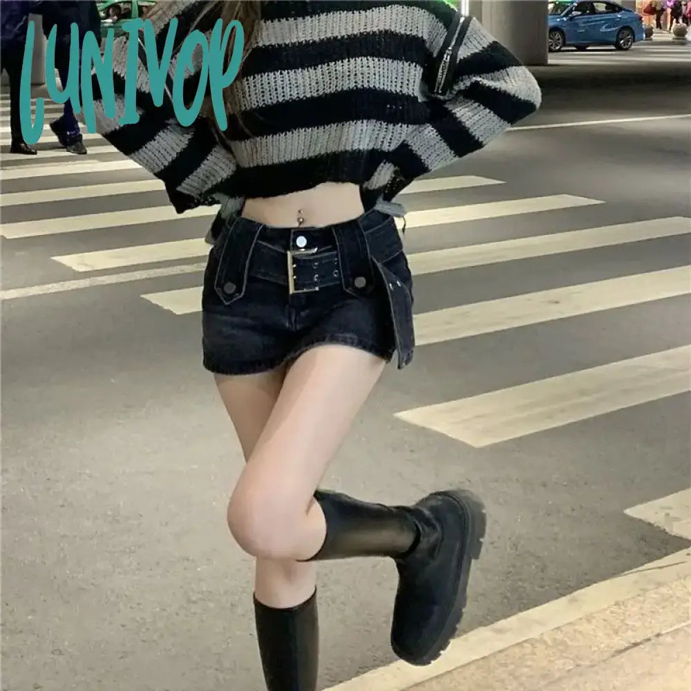 Lunivop E-Girl Gothic Crop Sweater Striped Knitted Pullovers Punk Zipper 2000S Y2K Vintage Harajuku