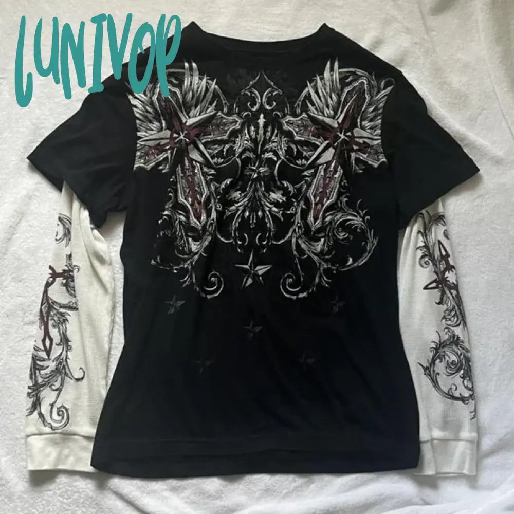 Lunivop E-Girl Gothic Grpahics Print T Shirt Vintage Grunge Mall Goth Pullovers Top Patchwork Long