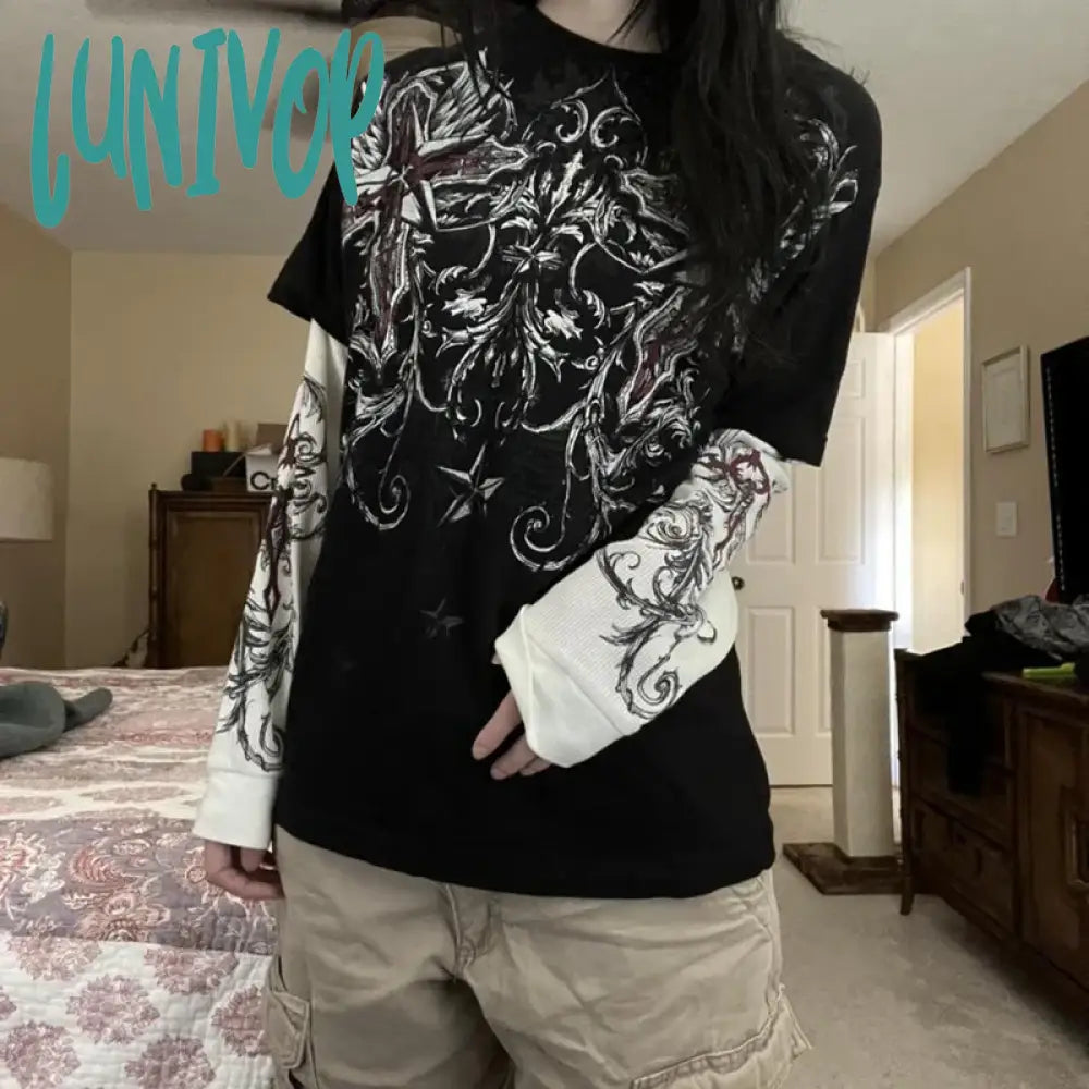 Lunivop E-Girl Gothic Grpahics Print T Shirt Vintage Grunge Mall Goth Pullovers Top Patchwork Long