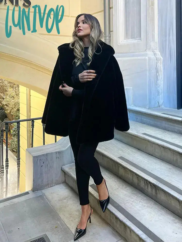 Lunivop Elegant Black Thicken Faux Fur Coat For Women Casual Fashion Lapel Collar Long Sleeves Warm