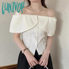 Lunivop Elegant Cropped White Shirts Women Korean Fashion Sexy Slash Neck Blouses Summer Office