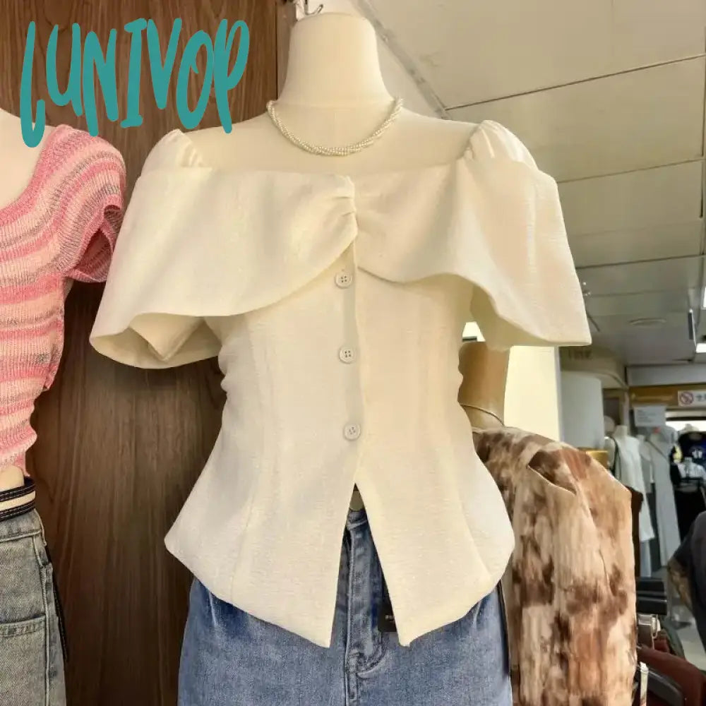 Lunivop Elegant Cropped White Shirts Women Korean Fashion Sexy Slash Neck Blouses Summer Office