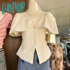 Lunivop Elegant Cropped White Shirts Women Korean Fashion Sexy Slash Neck Blouses Summer Office