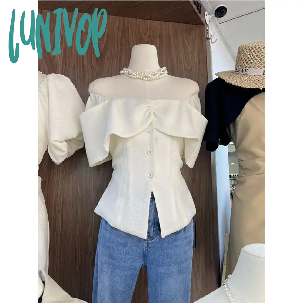 Lunivop Elegant Cropped White Shirts Women Korean Fashion Sexy Slash Neck Blouses Summer Office