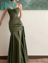 Lunivop Elegant Emerald Green Irregular Patchwork Evening Party Dress High Waist Spaghetti Strap