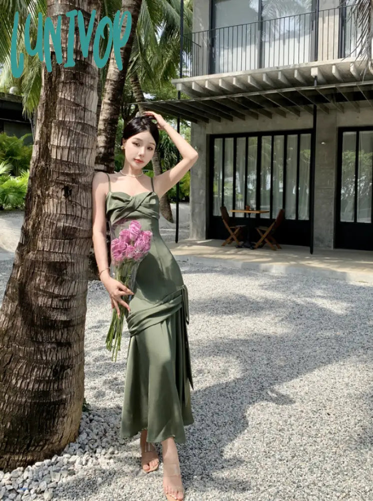 Lunivop Elegant Emerald Green Irregular Patchwork Evening Party Dress High Waist Spaghetti Strap