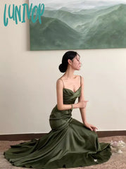 Lunivop Elegant Emerald Green Irregular Patchwork Evening Party Dress High Waist Spaghetti Strap