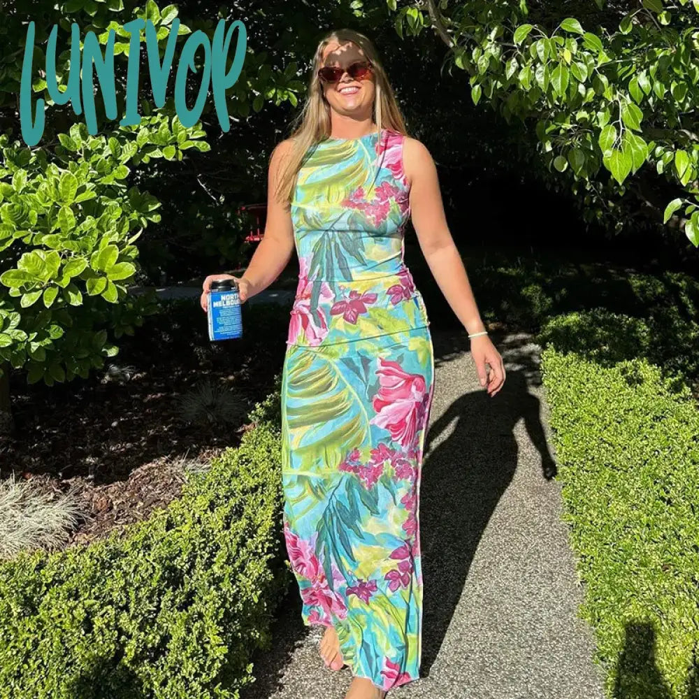 Lunivop Elegant Floral Print Maxi Beach Dress For Women Sexy Backless Sleeveless Bodycon Party