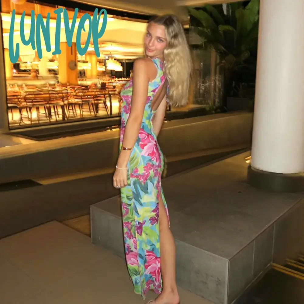 Lunivop Elegant Floral Print Maxi Beach Dress For Women Sexy Backless Sleeveless Bodycon Party