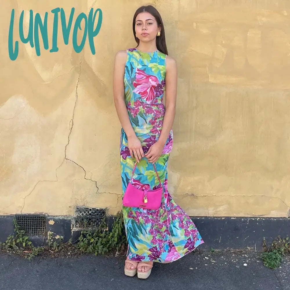 Lunivop Elegant Floral Print Maxi Beach Dress For Women Sexy Backless Sleeveless Bodycon Party