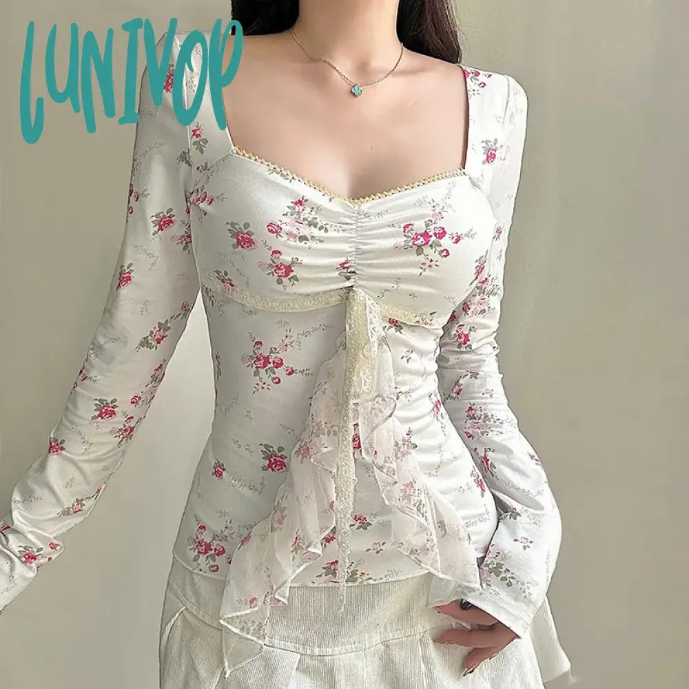 Lunivop Elegant Floral Printed Crop Top Square-Neck Lace-Trim Long Sleeve Ruffled Pleated Vintage