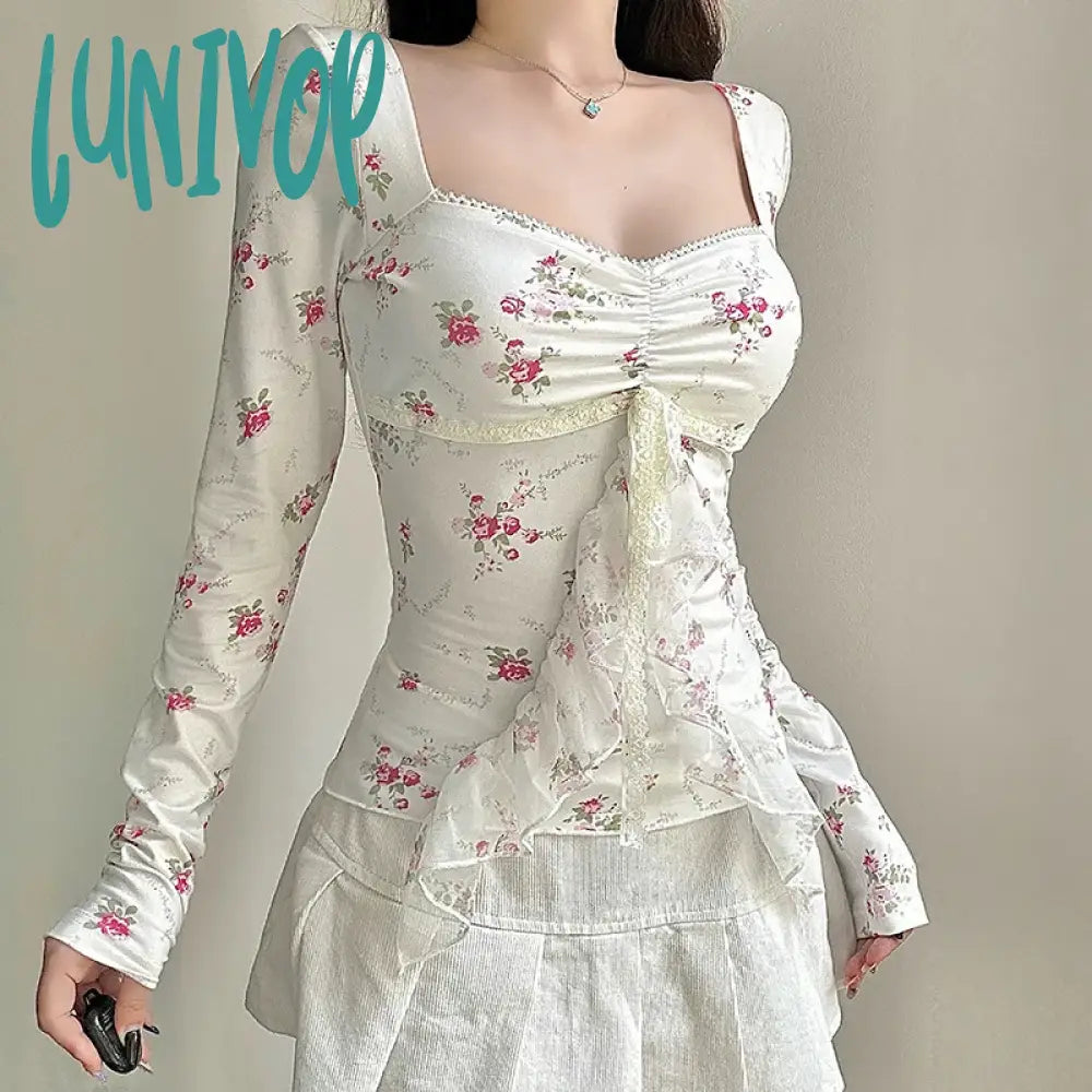 Lunivop Elegant Floral Printed Crop Top Square-Neck Lace-Trim Long Sleeve Ruffled Pleated Vintage