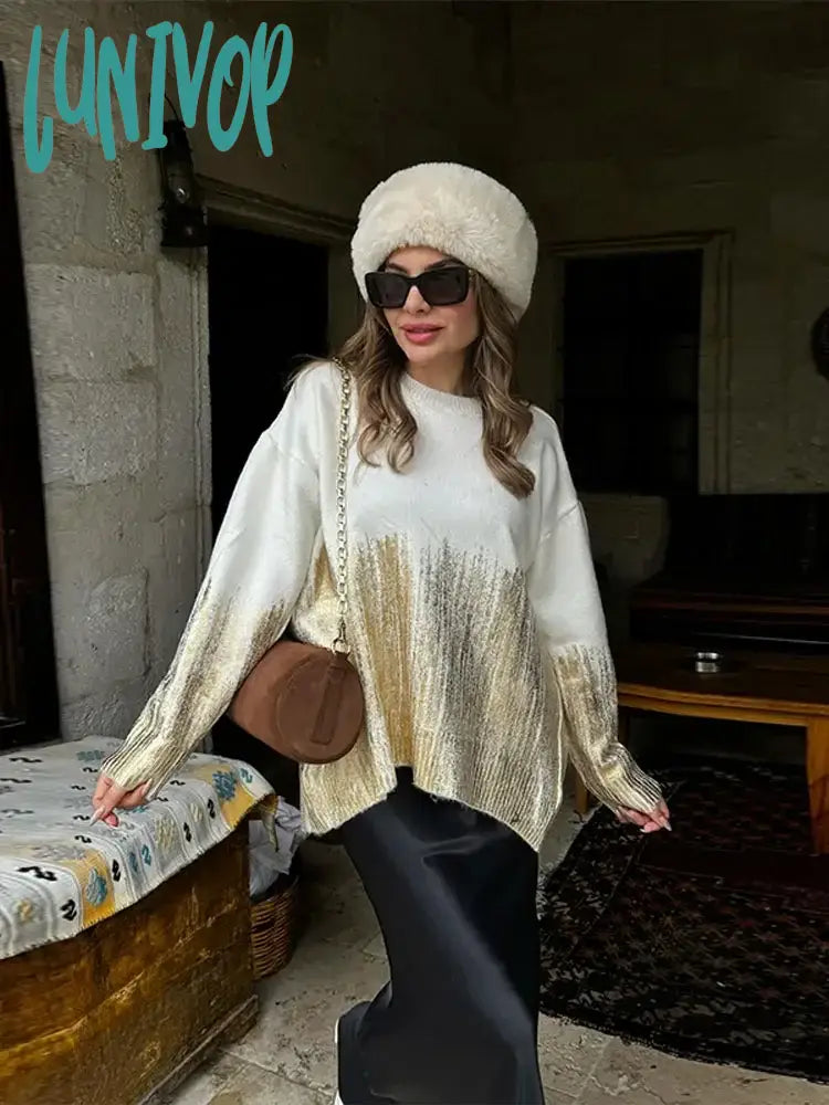 Lunivop Elegant Gradient Gold Metallic Women’s Loose Sweater Casual Chic O Neck Long Sleeves