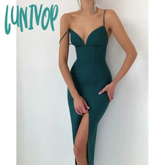 Lunivop Elegant High Slit Midi Bodycon Dress Women Sexy Spaghetti Straps Corset Gown Club Party