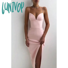 Lunivop Elegant High Slit Midi Bodycon Dress Women Sexy Spaghetti Straps Corset Gown Club Party