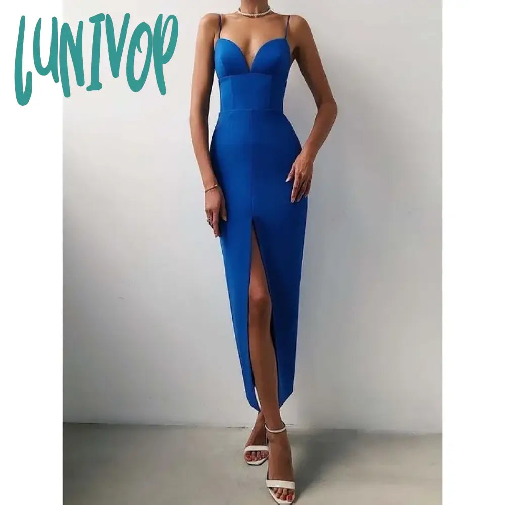 Lunivop Elegant High Slit Midi Bodycon Dress Women Sexy Spaghetti Straps Corset Gown Club Party