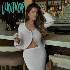 Lunivop Elegant Knitted Skirt Suits For Women Fungus Cut Out Sexy Cardigan Top Long Slim Skirts