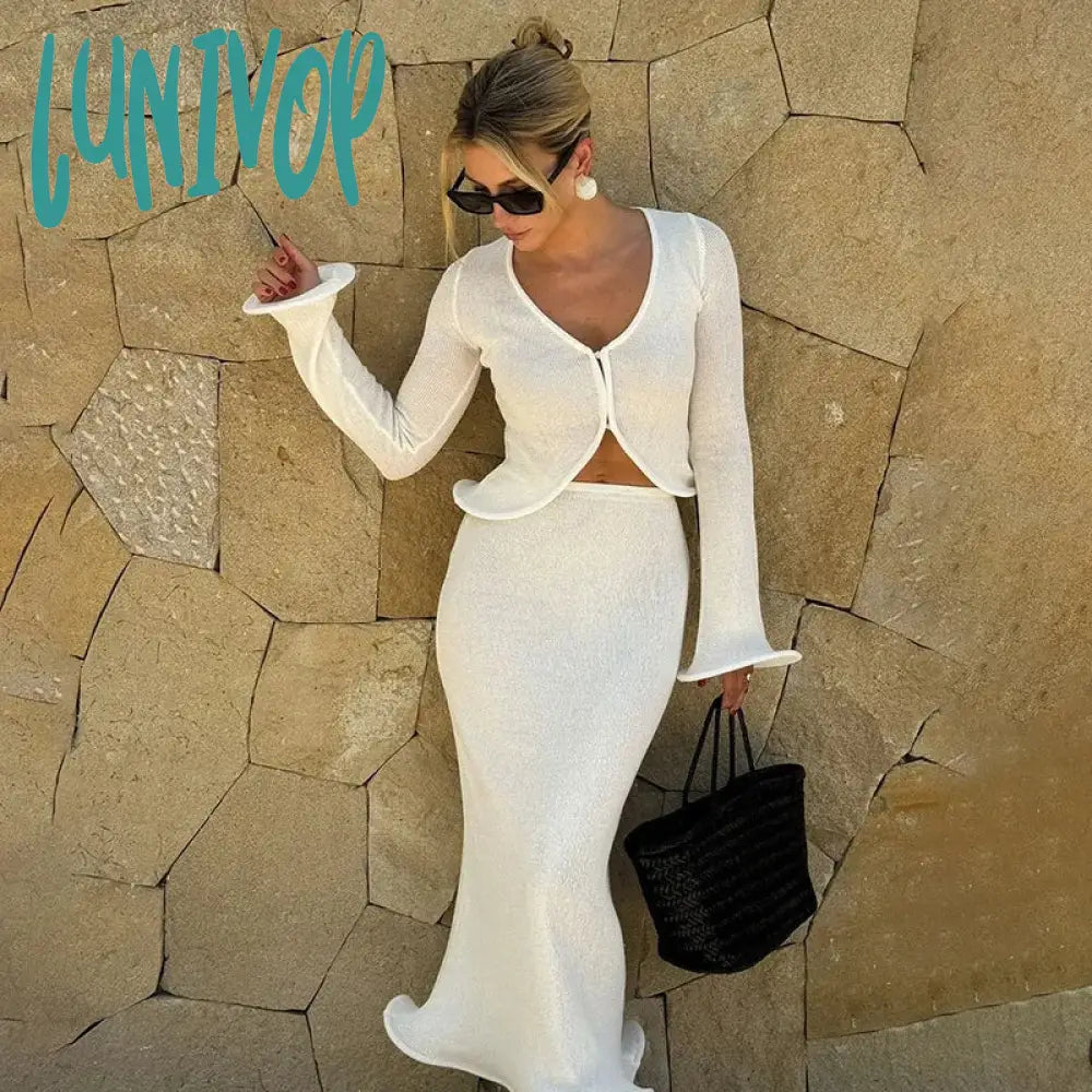 Lunivop Elegant Knitted Skirt Suits For Women Fungus Cut Out Sexy Cardigan Top Long Slim Skirts