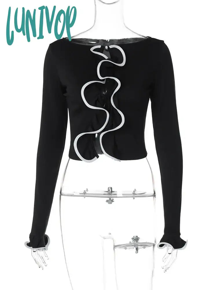 Lunivop Elegant Lace Up Cardigan Women’s Navel Cut Out Sexy Long Sleeve Ruffled Short Hot Girl