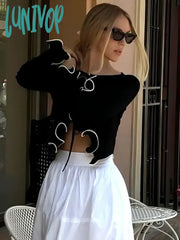 Lunivop Elegant Lace Up Cardigan Women’s Navel Cut Out Sexy Long Sleeve Ruffled Short Hot Girl