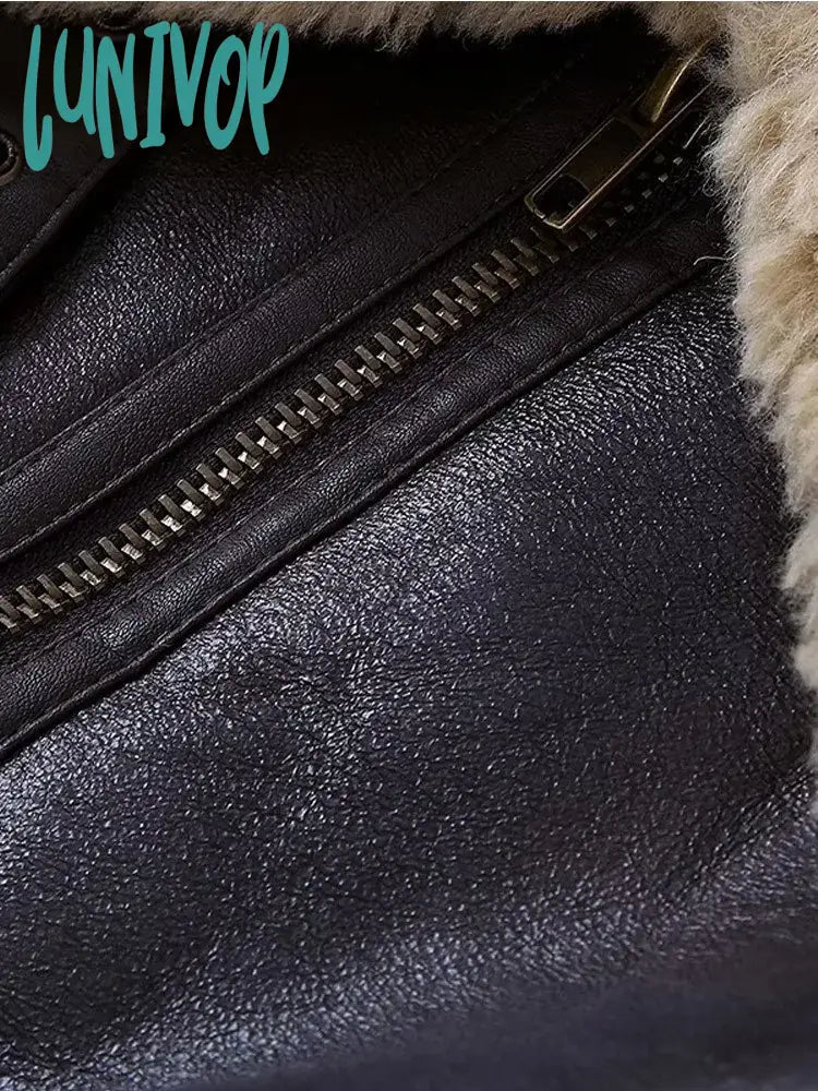 Lunivop Elegant Leather Fur Integrated Women’s Thick Coat Casual Lapel Long Sleeved Crop Zipper