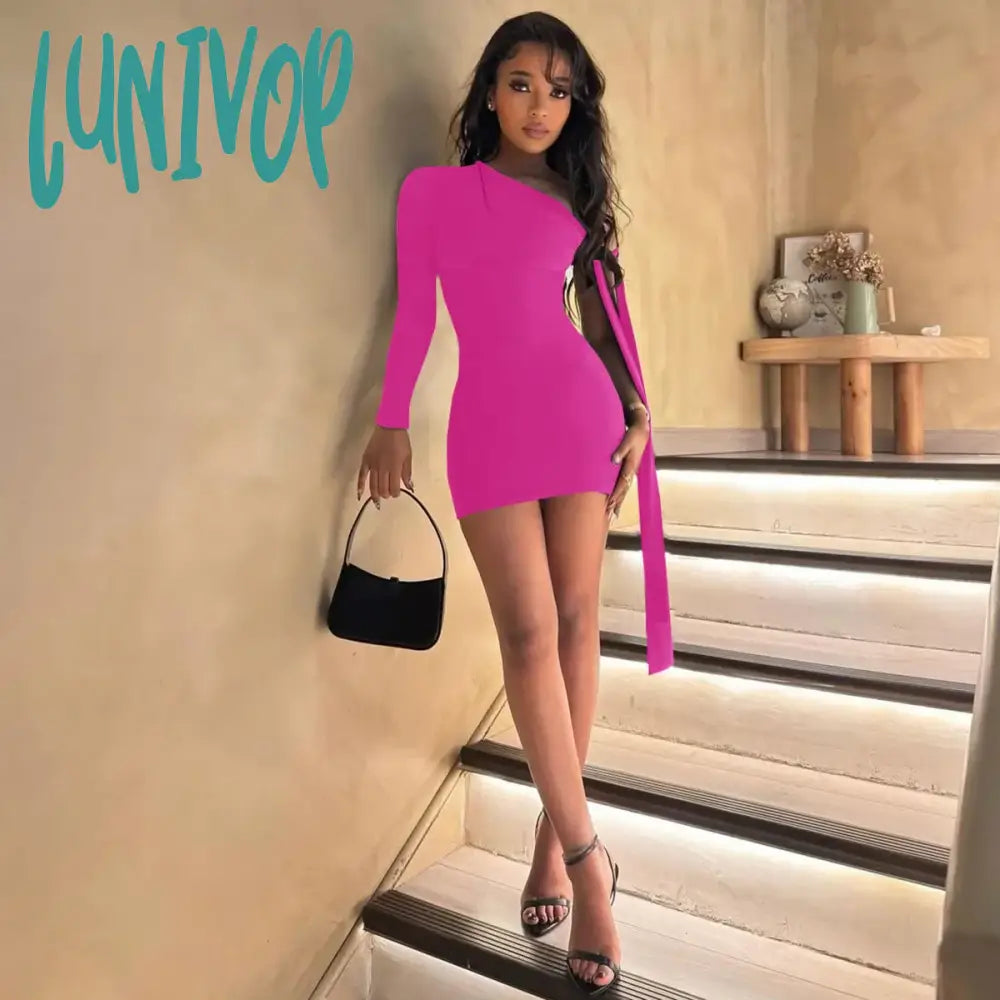 Lunivop Elegant One Shoulder Mini Dress For Women Sexy Lace-Up Long Sleeve Bodycon Holidays Autumn