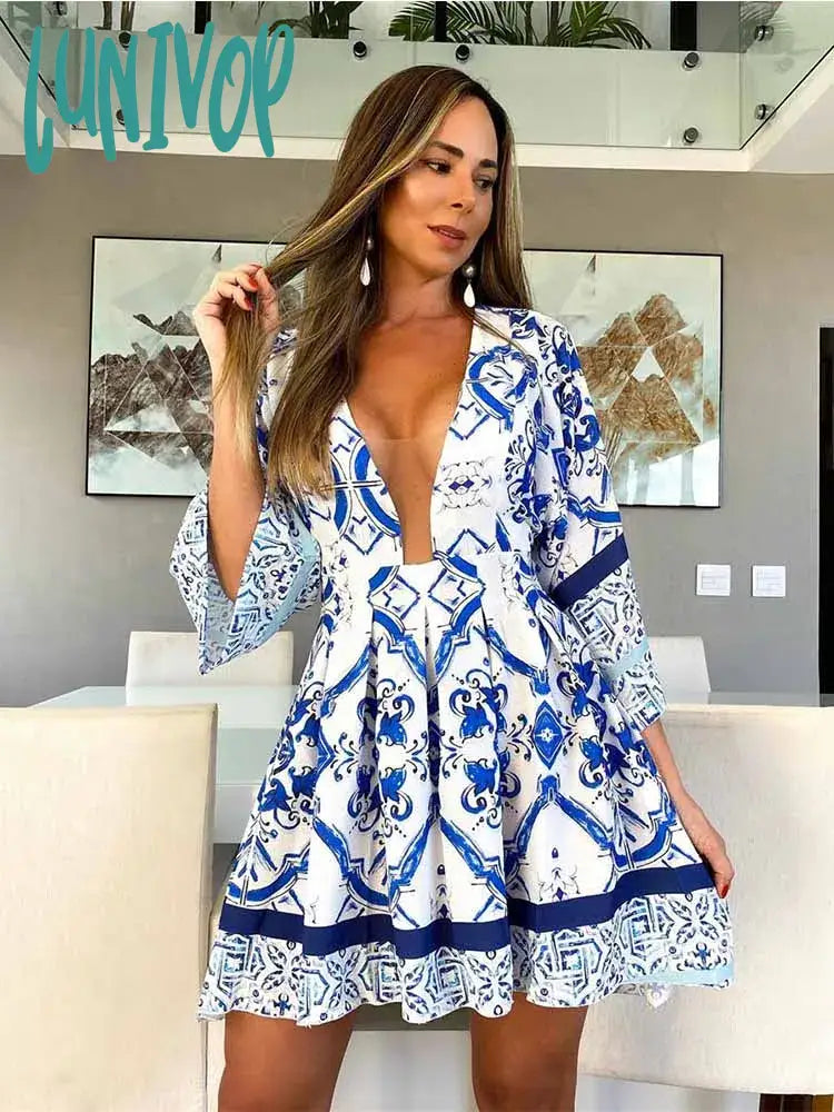 Lunivop Elegant Printed Short Dress For Women Fashion Sexy V-Neck Ruffled Party Dresses Summer