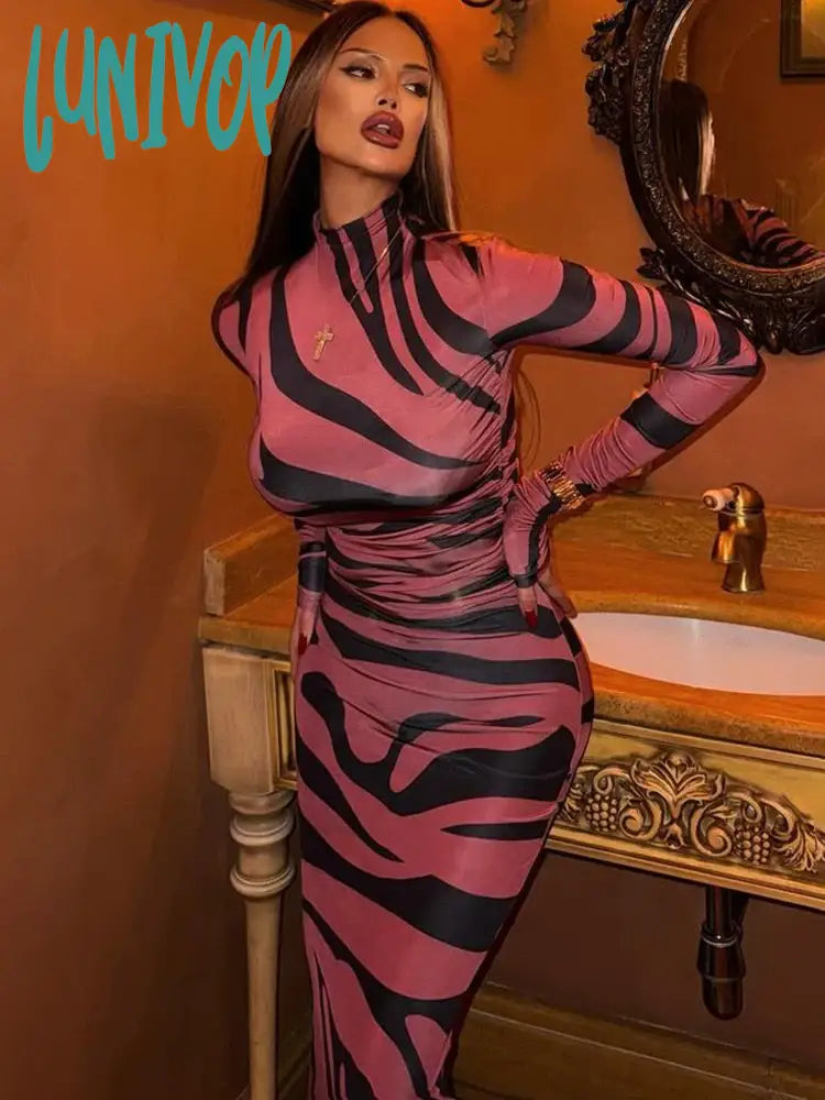 Lunivop Elegant Sexy Leopard Print Maxi Dress For Women Long Sleeve Slim Fit Birthday Gown Fashion