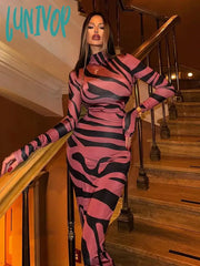 Lunivop Elegant Sexy Leopard Print Maxi Dress For Women Long Sleeve Slim Fit Birthday Gown Fashion