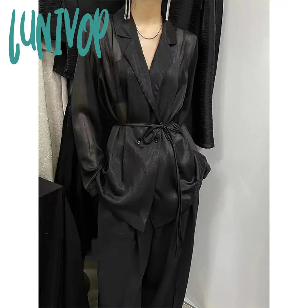 Lunivop Elegant Sheer Shirts Women Black Bandage Long Sleeve Blouses Summer Office Ladies Blazer