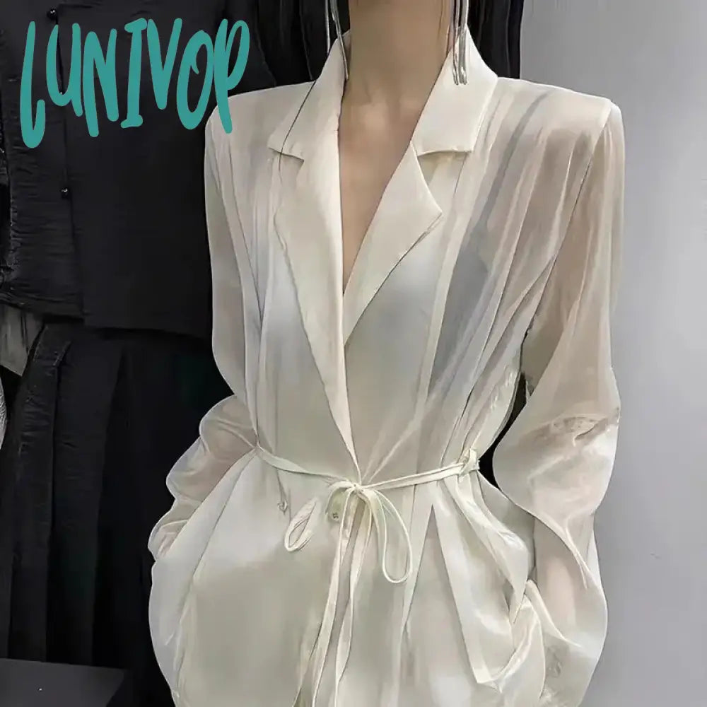 Lunivop Elegant Sheer Shirts Women Black Bandage Long Sleeve Blouses Summer Office Ladies Blazer