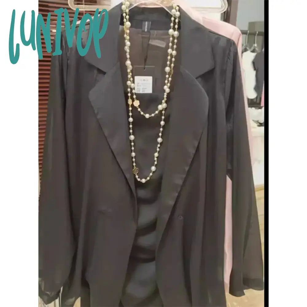 Lunivop Elegant Sheer Shirts Women Black Bandage Long Sleeve Blouses Summer Office Ladies Blazer