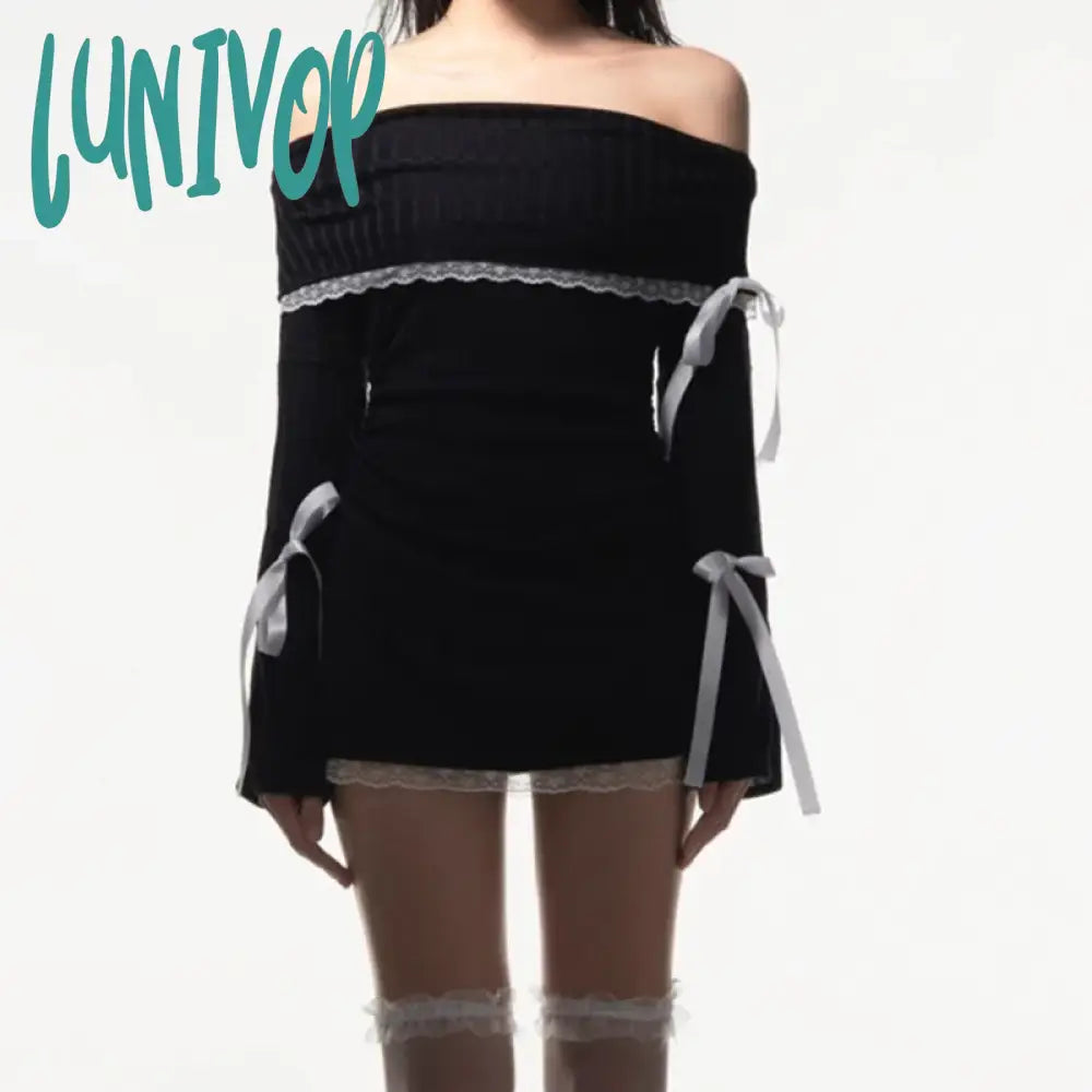 Lunivop Elegant Slash-Neck Long Sleeve Dress Sexy Lace Patchwork Multi Bow Bandage Mini Autumn