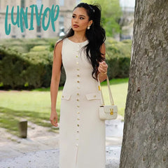 Lunivop Elegant Sleeveless Single-Breasted Ribbed Knitwear Long Dress For Women High Waist Bodycon