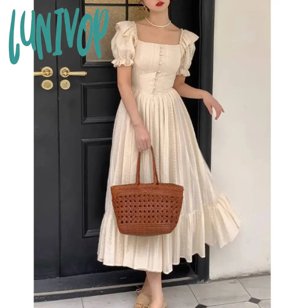 Lunivop Elegant Square Collar White Dress Summer Fashion Puff Sleeve Ruffle For Women 2024 Chic